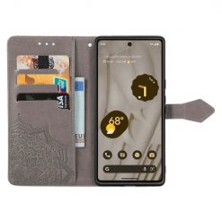 Kryty na mobil | Peňaženkové puzdro Embossing Pattern Mandala Flower sivé – Google Pixel 7a 5G | Kryty na mobil