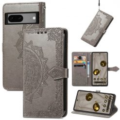 Kryty na mobil | Peňaženkové puzdro Embossing Pattern Mandala Flower sivé – Google Pixel 7a 5G | Kryty na mobil