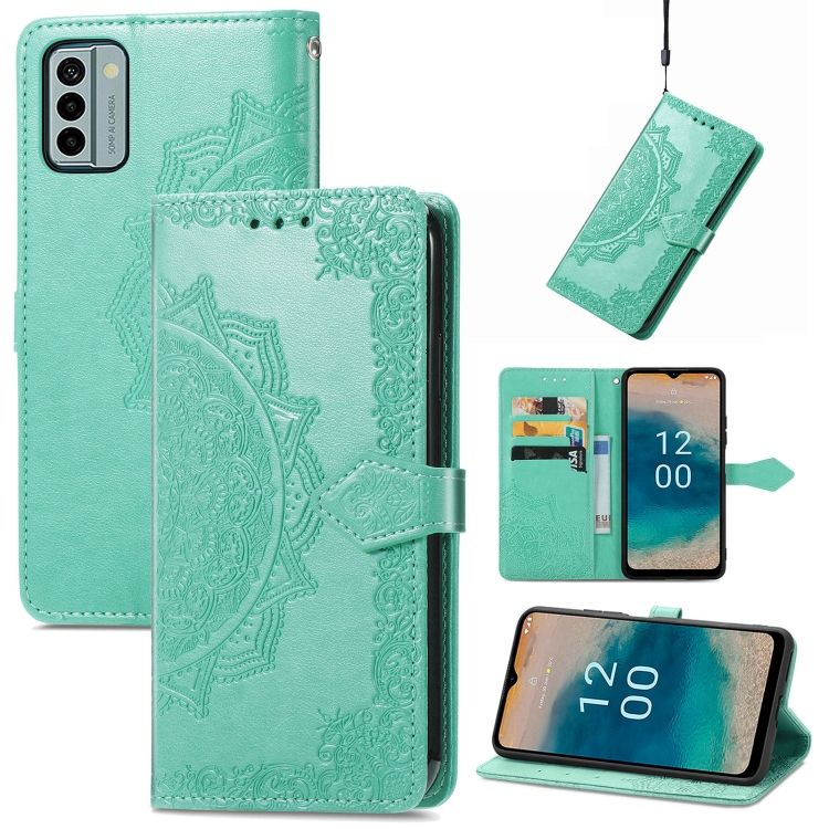 Peňaženkové puzdro Embossing Pattern Mandala Flower zelené – Nokia G22 | Kryty na mobil Kryty na mobil | Peňaženkové puzdro Embossing Pattern Mandala Flower zelené – Nokia G22 | Kryty na mobil