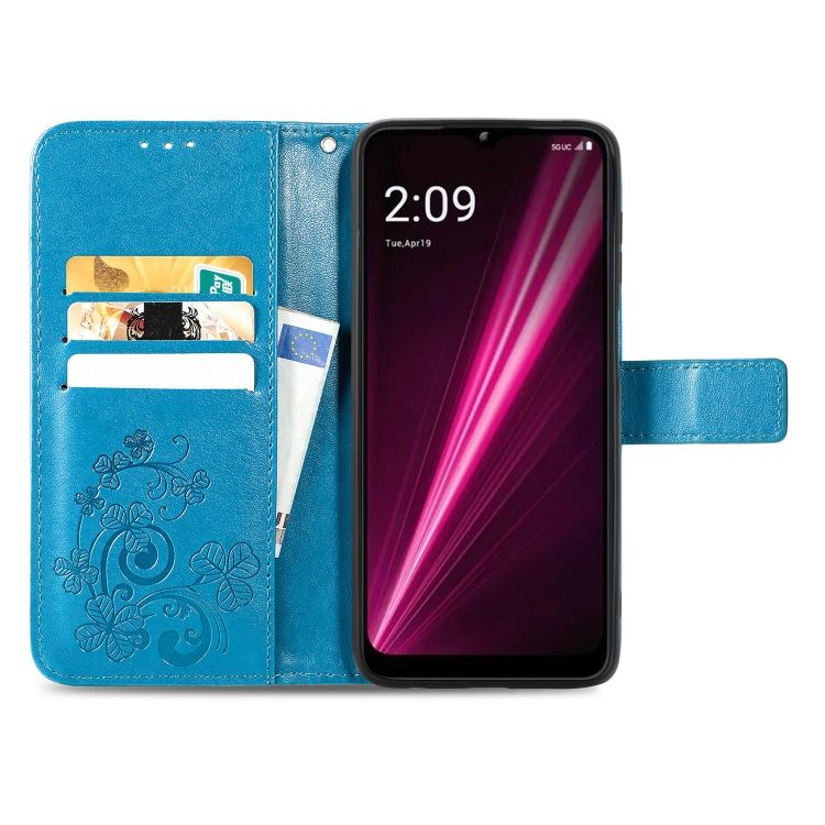 Peňaženkové puzdro Embossing Pattern Štvorlístok modré – T Phone Pro / T Phone Pro (2023) | Kryty na mobil Kryty na mobil | Peňaženkové puzdro Embossing Pattern Štvorlístok modré – T Phone Pro / T Phone Pro (2023) | Kryty na mobil