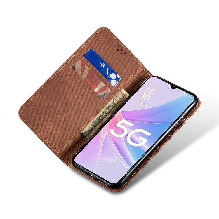 Peňaženkové puzdro Denim Texture hnedé – Oppo A98 5G | Kryty na mobil Kryty na mobil | Peňaženkové puzdro Denim Texture hnedé – Oppo A98 5G | Kryty na mobil