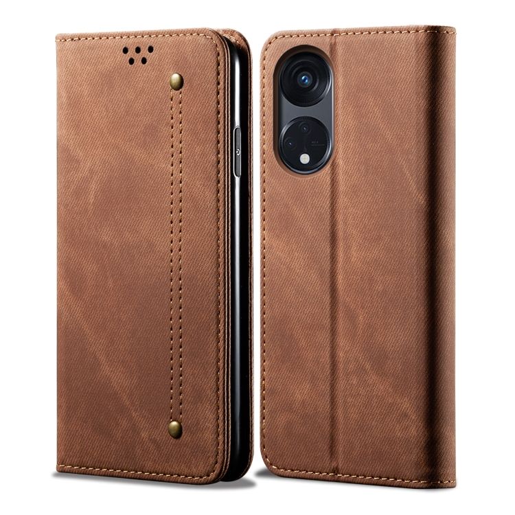 Peňaženkové puzdro Denim Texture hnedé – Oppo A98 5G | Kryty na mobil Kryty na mobil | Peňaženkové puzdro Denim Texture hnedé – Oppo A98 5G | Kryty na mobil