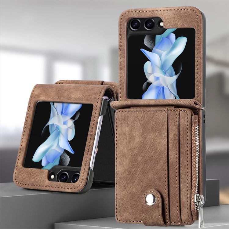 Peňaženkové puzdro Zipper Wallet hnedé – Samsung Galaxy Z Flip 5 | Kryty na mobil Kryty na mobil | Peňaženkové puzdro Zipper Wallet hnedé – Samsung Galaxy Z Flip 5 | Kryty na mobil