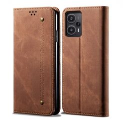 Peňaženkové puzdro Denim Texture hnedé – Xiaomi Poco F5 | Kryty na mobil Kryty na mobil | Peňaženkové puzdro Denim Texture hnedé – Xiaomi Poco F5 | Kryty na mobil