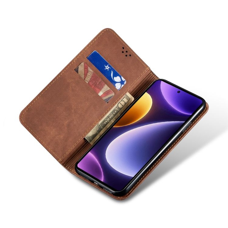 Peňaženkové puzdro Denim Texture hnedé – Xiaomi Poco F5 | Kryty na mobil Kryty na mobil | Peňaženkové puzdro Denim Texture hnedé – Xiaomi Poco F5 | Kryty na mobil