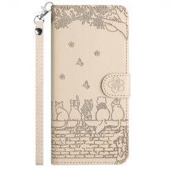 Kryty na mobil | Peňaženkové puzdro Embossing Pattern Mačky béžové – Apple iPhone 15 | Kryty na mobil