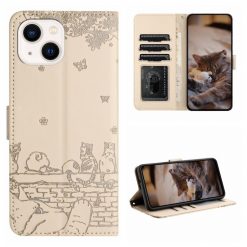 Peňaženkové puzdro Embossing Pattern Mačky béžové – Apple iPhone 15 Plus | Kryty na mobil Kryty na mobil | Peňaženkové puzdro Embossing Pattern Mačky béžové – Apple iPhone 15 Plus | Kryty na mobil