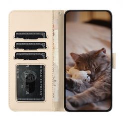 Peňaženkové puzdro Embossing Pattern Mačky béžové – Apple iPhone 15 Plus | Kryty na mobil Kryty na mobil | Peňaženkové puzdro Embossing Pattern Mačky béžové – Apple iPhone 15 Plus | Kryty na mobil