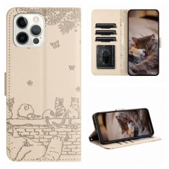 Kryty na mobil | Peňaženkové puzdro Embossing Pattern Mačky béžové – Apple iPhone 15 Pro Max | Kryty na mobil