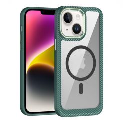 Kryty na mobil | Zadný Kryt Carbon Fiber MagSafe transparentno-zelený – Apple iPhone 15 | Kryty na mobil
