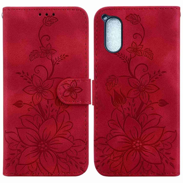 Peňaženkové puzdro Embossing Pattern Ľalia červené – Sony Xperia 5 V | Kryty na mobil Kryty na mobil | Peňaženkové puzdro Embossing Pattern Ľalia červené – Sony Xperia 5 V | Kryty na mobil
