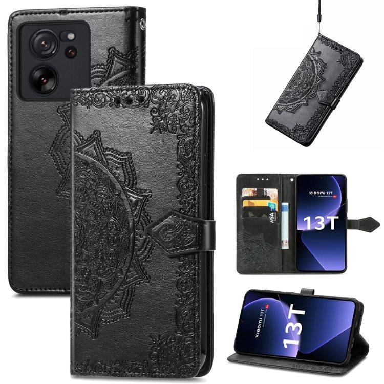 Peňaženkové puzdro Embossing Pattern Mandala Flower čierne – Xiaomi 13T / 13T Pro | Kryty na mobil Kryty na mobil | Peňaženkové puzdro Embossing Pattern Mandala Flower čierne – Xiaomi 13T / 13T Pro | Kryty na mobil