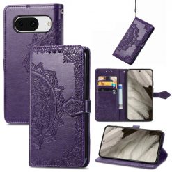 Kryty na mobil | Peňaženkové puzdro Embossing Pattern Mandala Flower fialové – Google Pixel 8 | Kryty na mobil