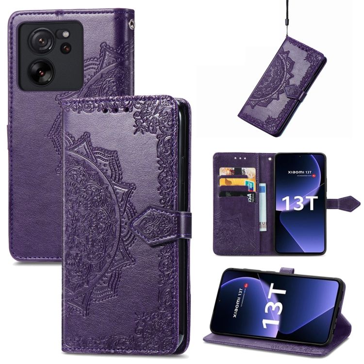 Peňaženkové puzdro Embossing Pattern Mandala Flower fialové – Xiaomi 13T / 13T Pro | Kryty na mobil Kryty na mobil | Peňaženkové puzdro Embossing Pattern Mandala Flower fialové – Xiaomi 13T / 13T Pro | Kryty na mobil