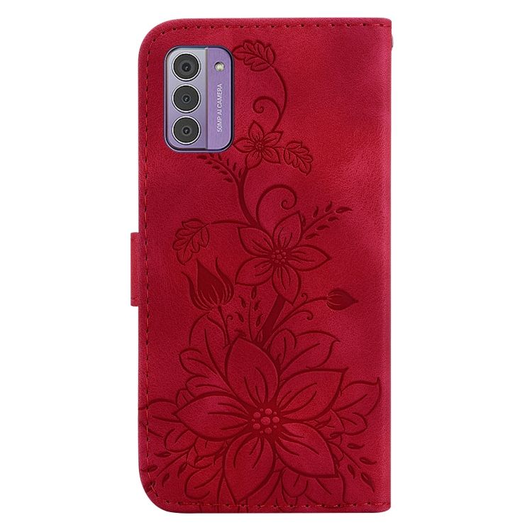 Peňaženkové puzdro Embossing Pattern Ľalia červené – Nokia G42 | Kryty na mobil Kryty na mobil | Peňaženkové puzdro Embossing Pattern Ľalia červené – Nokia G42 | Kryty na mobil
