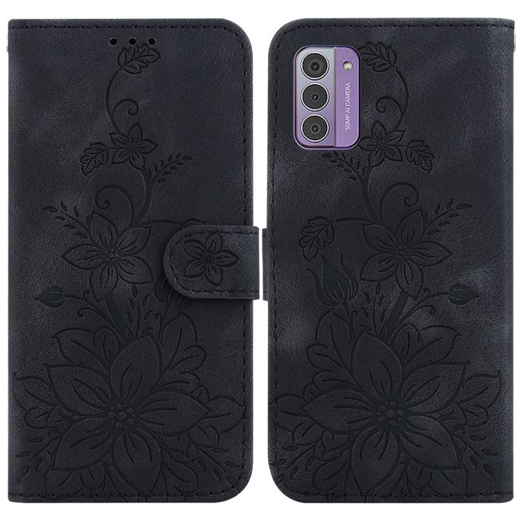 Peňaženkové puzdro Embossing Pattern Ľalia čierne – Nokia G42 | Kryty na mobil Kryty na mobil | Peňaženkové puzdro Embossing Pattern Ľalia čierne – Nokia G42 | Kryty na mobil