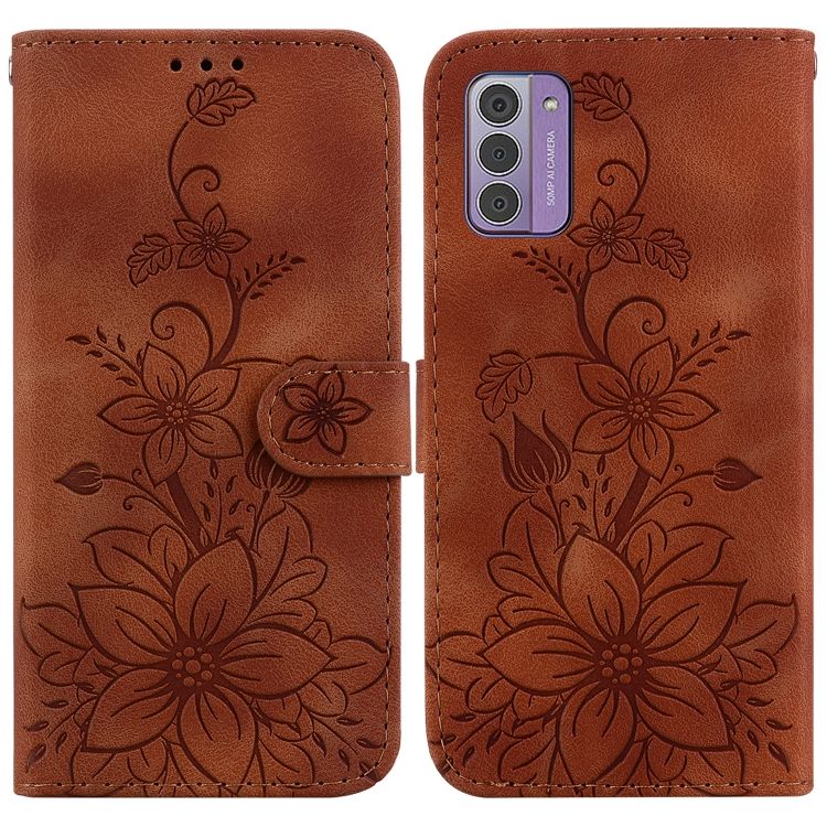 Peňaženkové puzdro Embossing Pattern Ľalia hnedé – Nokia G42 | Kryty na mobil Kryty na mobil | Peňaženkové puzdro Embossing Pattern Ľalia hnedé – Nokia G42 | Kryty na mobil