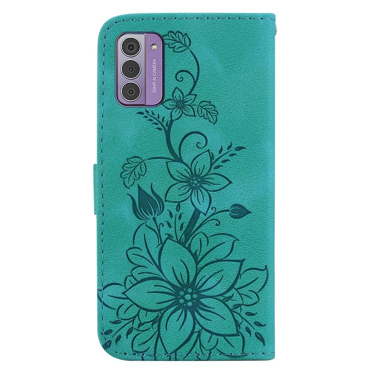 Peňaženkové puzdro Embossing Pattern Ľalia zelené – Nokia G42 | Kryty na mobil Kryty na mobil | Peňaženkové puzdro Embossing Pattern Ľalia zelené – Nokia G42 | Kryty na mobil
