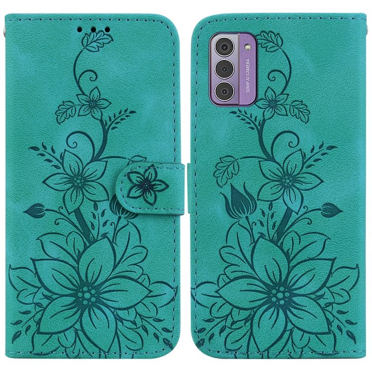 Peňaženkové puzdro Embossing Pattern Ľalia zelené – Nokia G42 | Kryty na mobil Kryty na mobil | Peňaženkové puzdro Embossing Pattern Ľalia zelené – Nokia G42 | Kryty na mobil