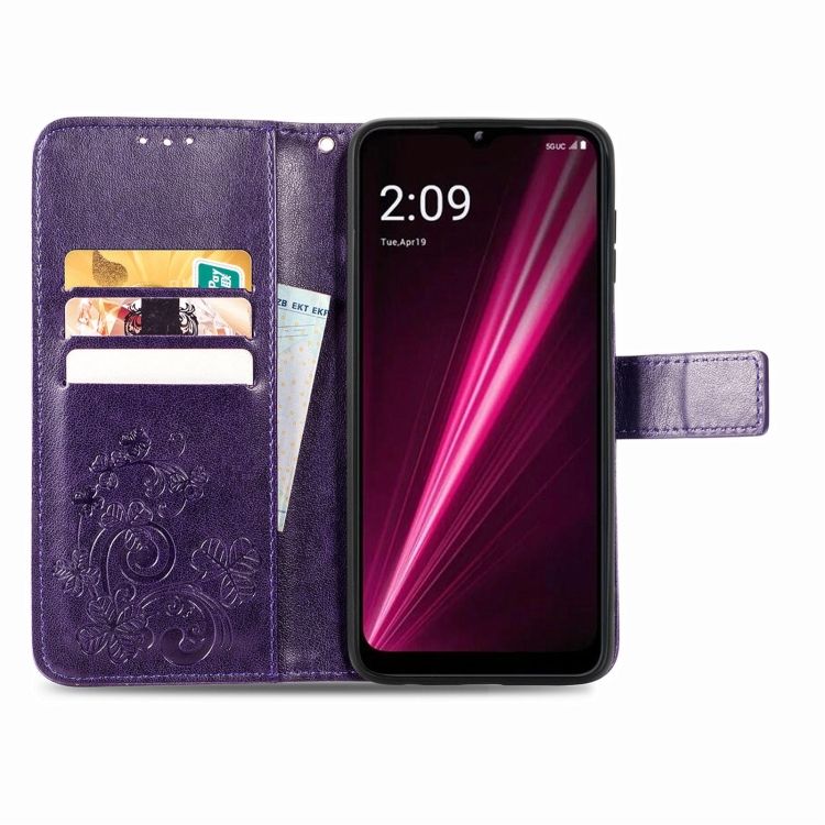 Peňaženkové puzdro Embossing Pattern Štvorlístok fialové – T Phone / T Phone (2023) | Kryty na mobil Kryty na mobil | Peňaženkové puzdro Embossing Pattern Štvorlístok fialové – T Phone / T Phone (2023) | Kryty na mobil
