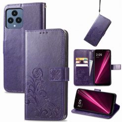 Peňaženkové puzdro Embossing Pattern Štvorlístok fialové – T Phone / T Phone (2023) | Kryty na mobil Kryty na mobil | Peňaženkové puzdro Embossing Pattern Štvorlístok fialové – T Phone / T Phone (2023) | Kryty na mobil