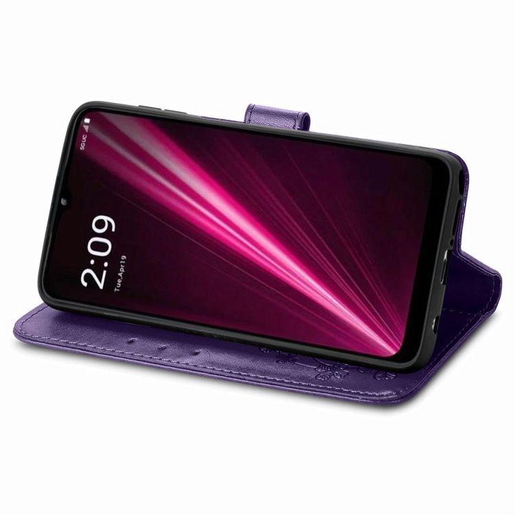 Peňaženkové puzdro Embossing Pattern Štvorlístok fialové – T Phone / T Phone (2023) | Kryty na mobil Kryty na mobil | Peňaženkové puzdro Embossing Pattern Štvorlístok fialové – T Phone / T Phone (2023) | Kryty na mobil