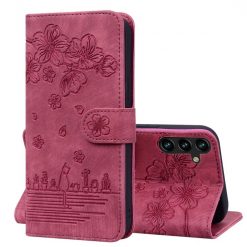 Kryty na mobil | Peňaženkové puzdro Embossing Pattern Mačka bordové – Samsung Galaxy A15 4G/5G | Kryty na mobil