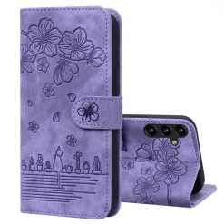 Kryty na mobil | Peňaženkové puzdro Embossing Pattern Mačka fialové – Samsung Galaxy A15 4G/5G | Kryty na mobil
