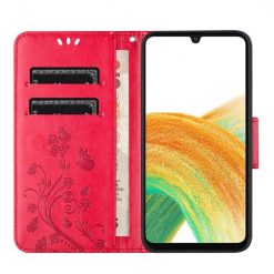 Kryty na mobil | Peňaženkové puzdro Embossing Pattern Motýľ a kvet červené – Samsung Galaxy A15 4G/5G | Kryty na mobil