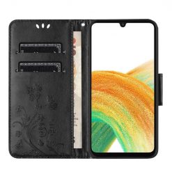 Peňaženkové puzdro Embossing Pattern Motýľ a kvet čierne – Samsung Galaxy A05s | Kryty na mobil Kryty na mobil | Peňaženkové puzdro Embossing Pattern Motýľ a kvet čierne – Samsung Galaxy A05s | Kryty na mobil