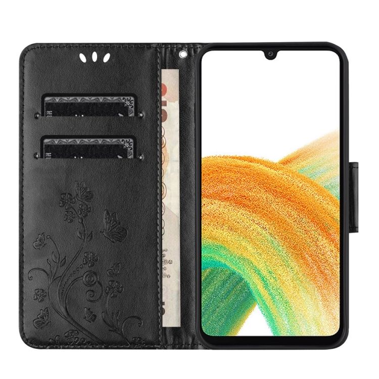 Peňaženkové puzdro Embossing Pattern Motýľ a kvet čierne – Samsung Galaxy A05s | Kryty na mobil Kryty na mobil | Peňaženkové puzdro Embossing Pattern Motýľ a kvet čierne – Samsung Galaxy A05s | Kryty na mobil