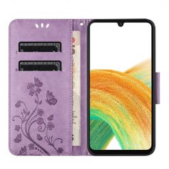 Peňaženkové puzdro Embossing Pattern Motýľ a kvet fialové – Samsung Galaxy A05s | Kryty na mobil Kryty na mobil | Peňaženkové puzdro Embossing Pattern Motýľ a kvet fialové – Samsung Galaxy A05s | Kryty na mobil
