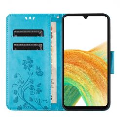 Kryty na mobil | Peňaženkové puzdro Embossing Pattern Motýľ a kvet modré – Samsung Galaxy A05s | Kryty na mobil
