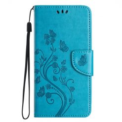Kryty na mobil | Peňaženkové puzdro Embossing Pattern Motýľ a kvet modré – Samsung Galaxy A15 4G/5G | Kryty na mobil