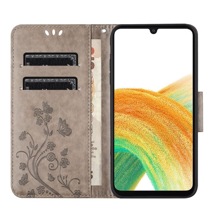 Peňaženkové puzdro Embossing Pattern Motýľ a kvet sivé – Samsung Galaxy A05s | Kryty na mobil Kryty na mobil | Peňaženkové puzdro Embossing Pattern Motýľ a kvet sivé – Samsung Galaxy A05s | Kryty na mobil