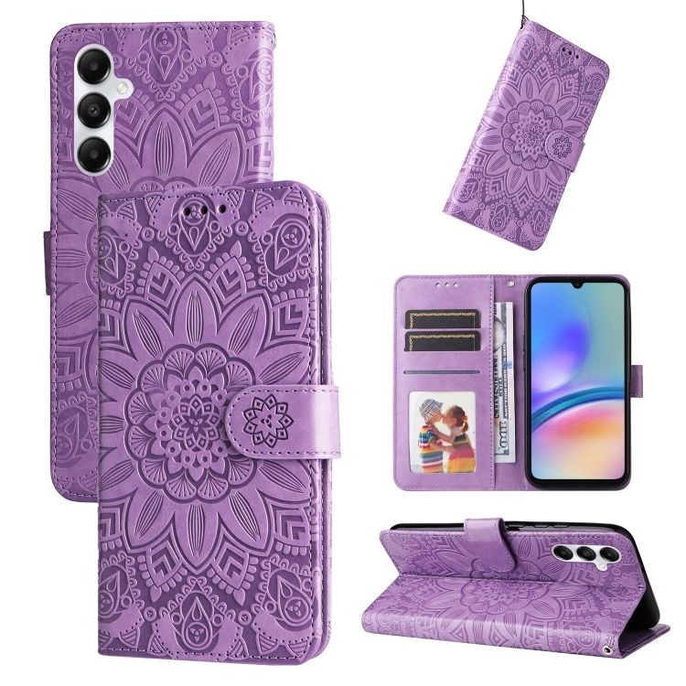 Peňaženkové puzdro Embossing Pattern Slnečnica fialové – Samsung Galaxy A05s | Kryty na mobil Kryty na mobil | Peňaženkové puzdro Embossing Pattern Slnečnica fialové – Samsung Galaxy A05s | Kryty na mobil