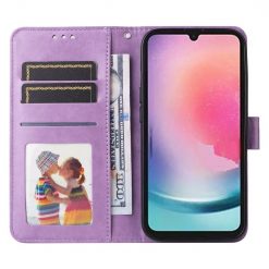 Kryty na mobil | Peňaženkové puzdro Embossing Pattern Slnečnica fialové – Samsung Galaxy A25 5G | Kryty na mobil