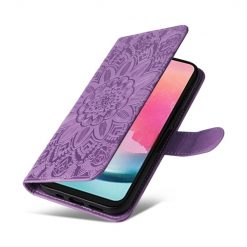 Kryty na mobil | Peňaženkové puzdro Embossing Pattern Slnečnica fialové – Samsung Galaxy A25 5G | Kryty na mobil