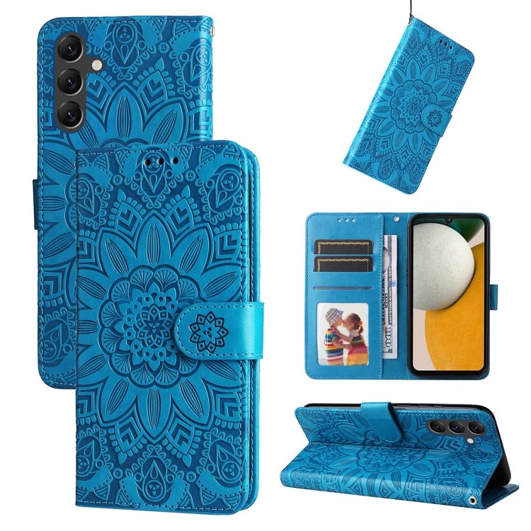 Peňaženkové puzdro Embossing Pattern Slnečnica modré – Samsung Galaxy A15 4G/5G | Kryty na mobil Kryty na mobil | Peňaženkové puzdro Embossing Pattern Slnečnica modré – Samsung Galaxy A15 4G/5G | Kryty na mobil