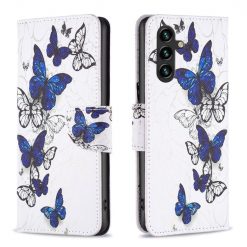 Kryty na mobil | Knižkové puzdro Trendy Cross case Modro-biely motýľ – Samsung Galaxy A55 5G | Kryty na mobil