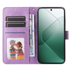 Peňaženkové puzdro Embossing Pattern Slnečnica fialové – Xiaomi 14 | Kryty na mobil Kryty na mobil | Peňaženkové puzdro Embossing Pattern Slnečnica fialové – Xiaomi 14 | Kryty na mobil