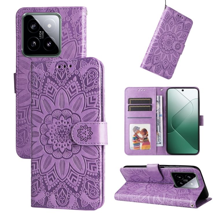 Peňaženkové puzdro Embossing Pattern Slnečnica fialové – Xiaomi 14 | Kryty na mobil Kryty na mobil | Peňaženkové puzdro Embossing Pattern Slnečnica fialové – Xiaomi 14 | Kryty na mobil