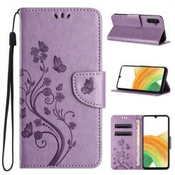 Kryty na mobil | Peňaženkové puzdro Embossing Pattern Motýľ a kvet bledofialové – Samsung Galaxy A35 5G | Kryty na mobil
