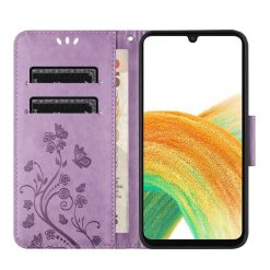 Kryty na mobil | Peňaženkové puzdro Embossing Pattern Motýľ a kvet bledofialové – Samsung Galaxy A35 5G | Kryty na mobil