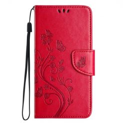 Kryty na mobil | Peňaženkové puzdro Embossing Pattern Motýľ a kvet červené – Samsung Galaxy A35 5G | Kryty na mobil