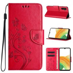 Kryty na mobil | Peňaženkové puzdro Embossing Pattern Motýľ a kvet červené – Samsung Galaxy A35 5G | Kryty na mobil