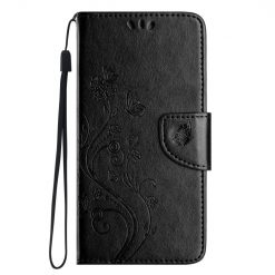 Peňaženkové puzdro Embossing Pattern Motýľ a kvet čierne – Samsung Galaxy A35 5G