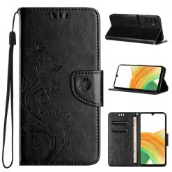 Kryty na mobil | Peňaženkové puzdro Embossing Pattern Motýľ a kvet čierne – Samsung Galaxy A35 5G | Kryty na mobil