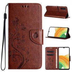 Kryty na mobil | Peňaženkové puzdro Embossing Pattern Motýľ a kvet hnedé – Samsung Galaxy A35 5G | Kryty na mobil