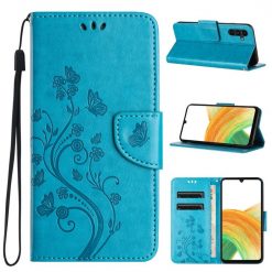 Kryty na mobil | Peňaženkové puzdro Embossing Pattern Motýľ a kvet modré – Samsung Galaxy A35 5G | Kryty na mobil
